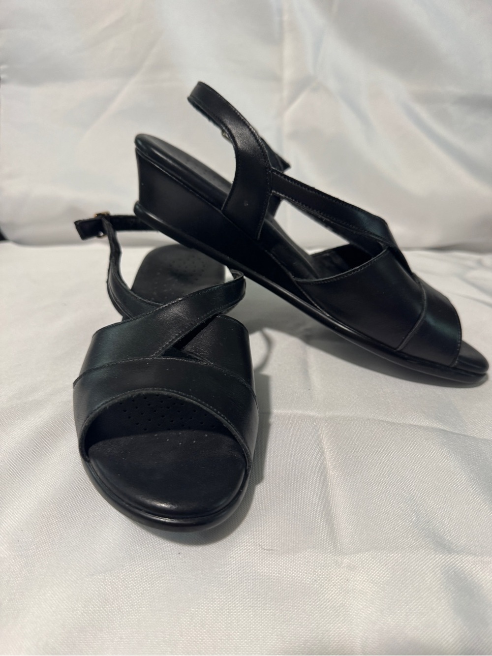 SAS Black Leather Slingback Wedge Sandals